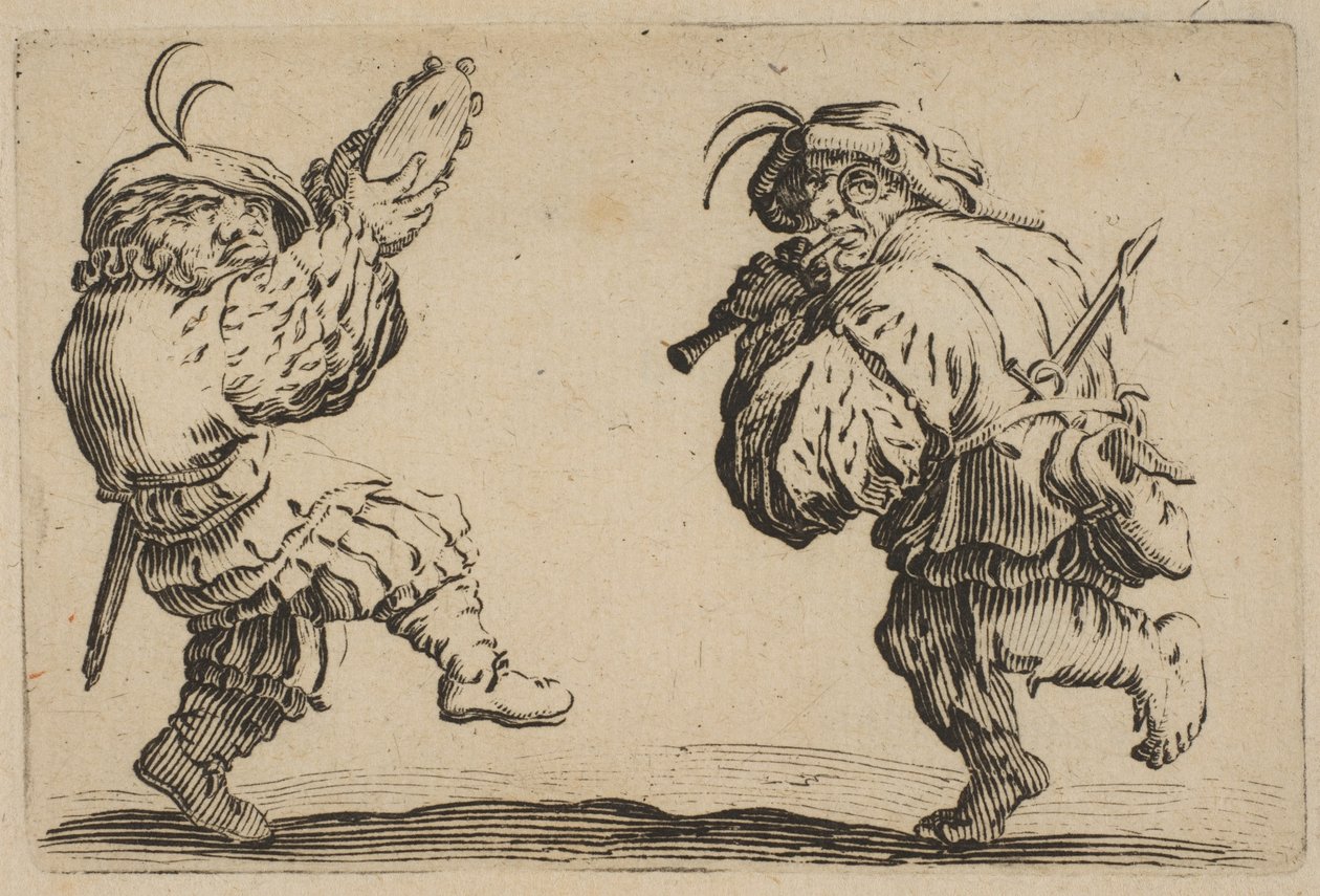 Les Danseurs a la Flute et au Tambourin To dansere, der spiller fløjten og tambouri..., 1617-20. af Jacques Callot