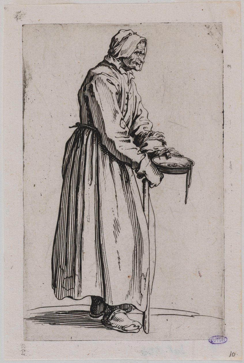 Tiggerne, tiggerkvinden med tiggerskålen. Tyvende nummer i en serie på 25 blade (Lieure 498, Meaume 704) af Jacques Callot