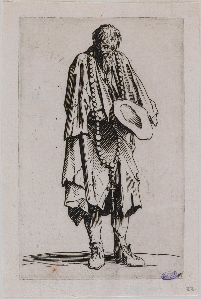 »Les Gueux«, »Le Mendiant au rosaire«. Det ellevte nummer i en serie på 25 stykker (Lieure 489, Meaume 695) af Jacques Callot