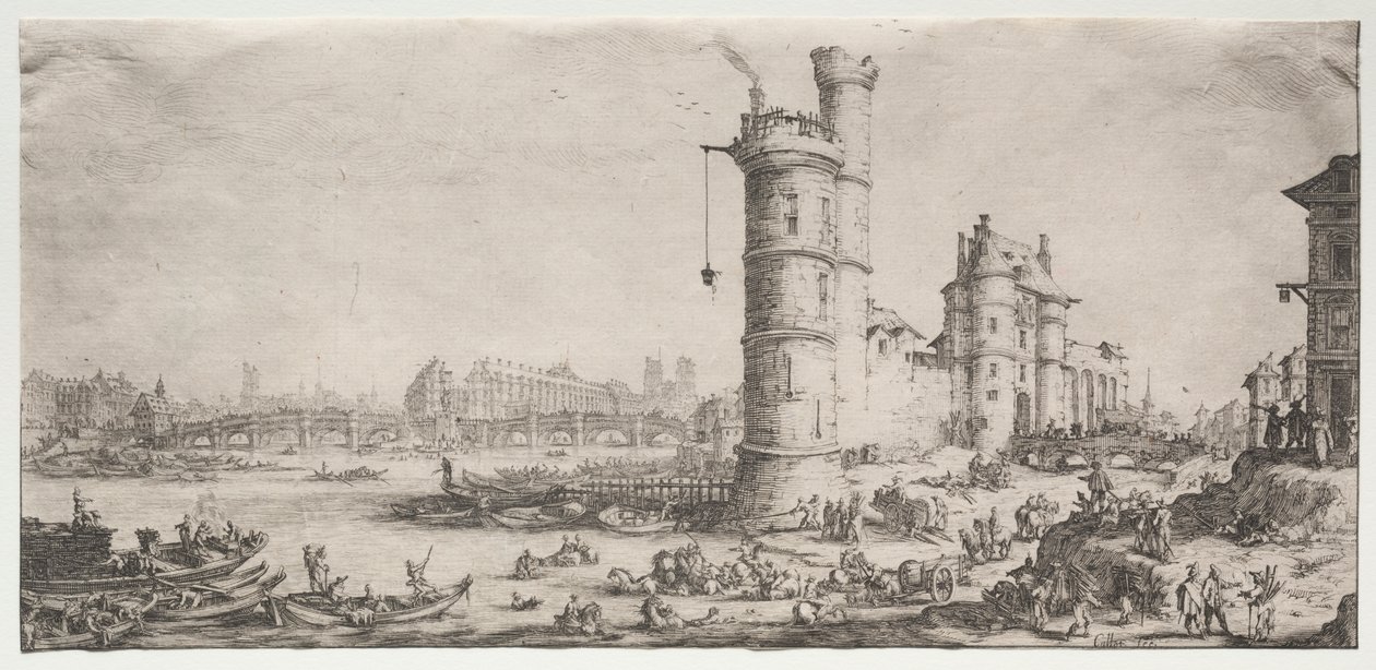 De to fantastiske udsigter over Paris: Udsigt over Pont Neuf af Jacques Callot