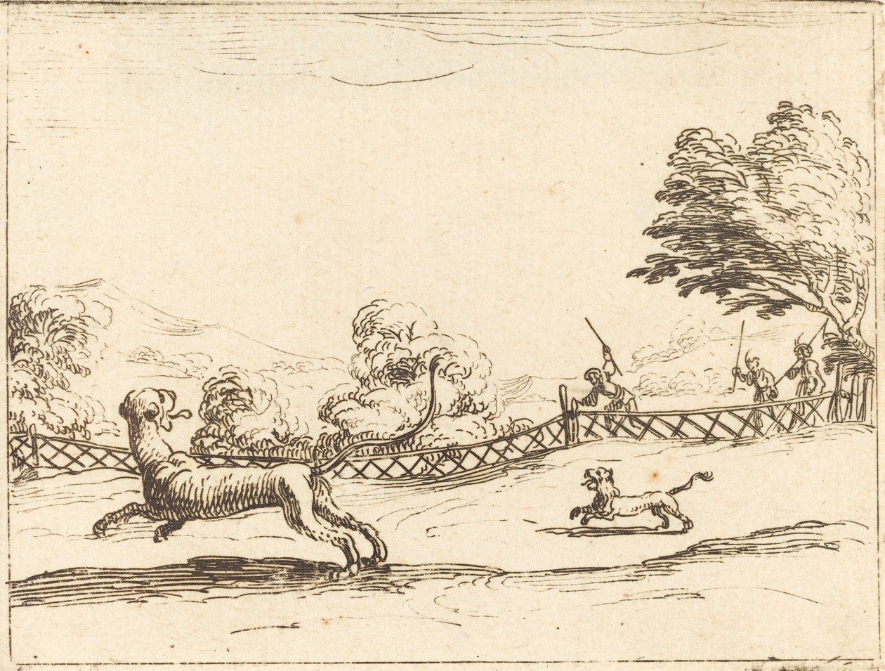 Løvinde og unge forfulgt af jægere af Jacques Callot