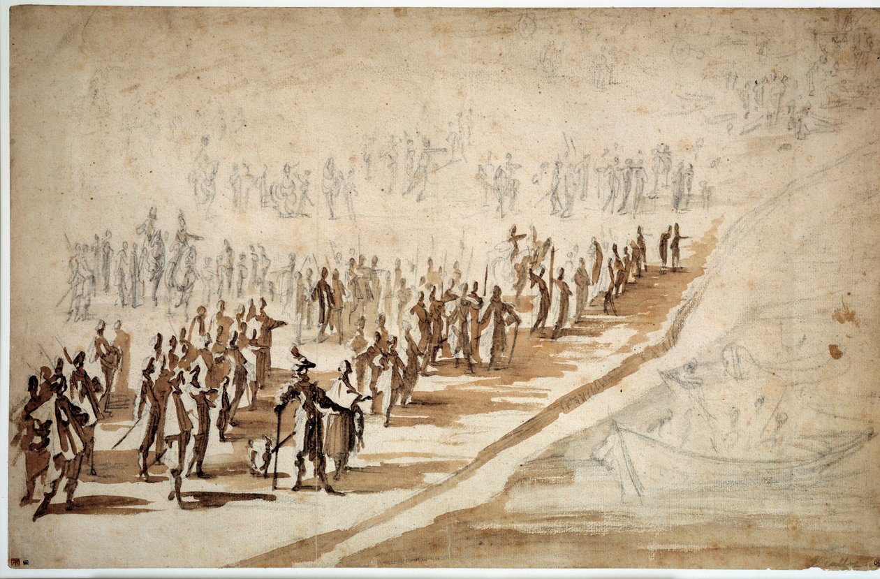 Louis XIII (1601-1643) og Richelieu (1585-1642) i afdelingen for tropperne for Isle of Re. Tegning af Jacques Callot (1592-1635) af Jacques Callot