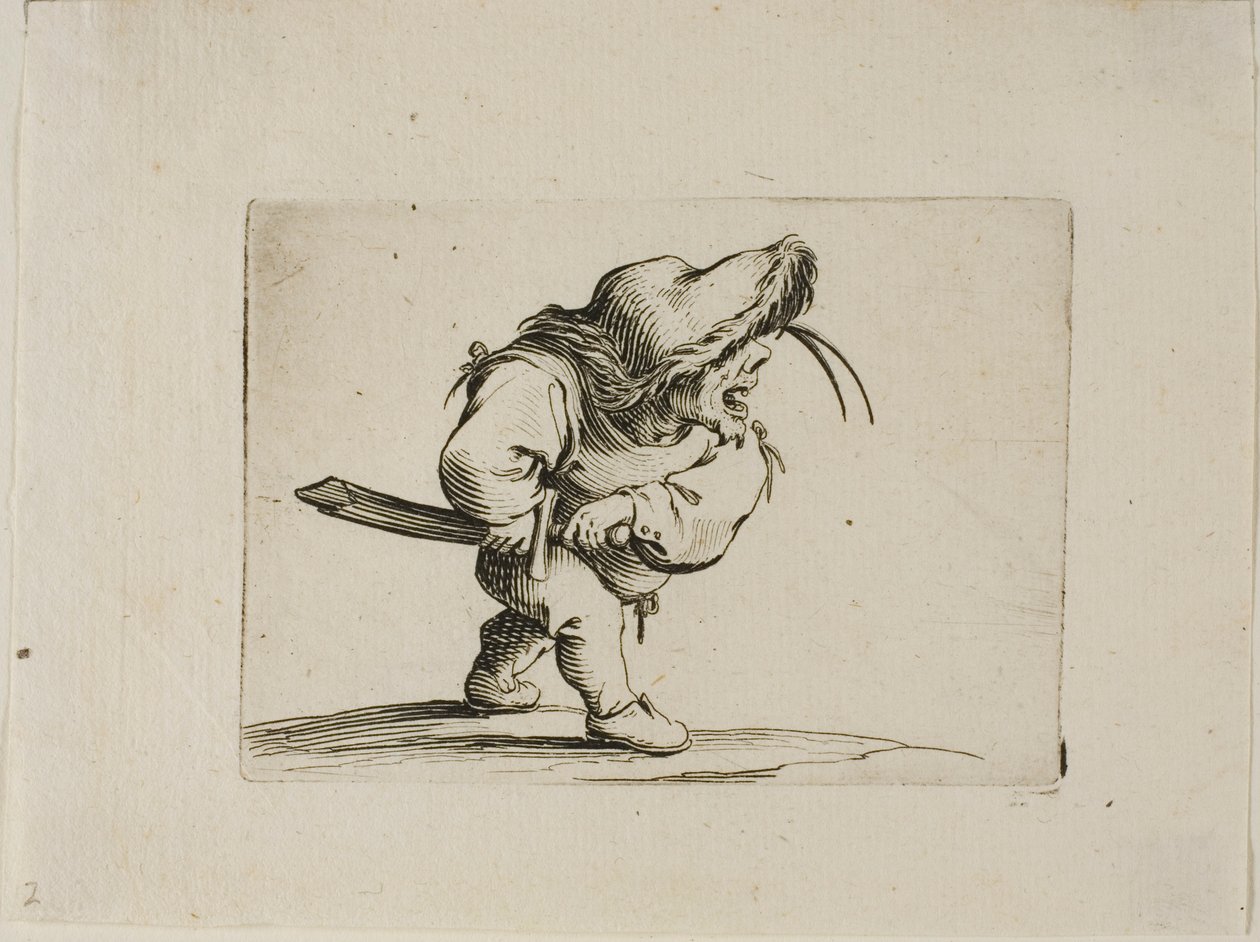 Mand forbereder sig på at trække sit sværd, fra Varie Figure Gobbi af Jacques Callot