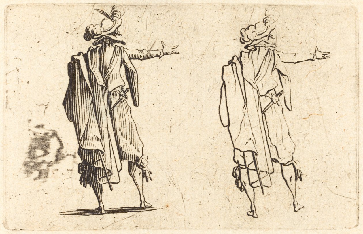 Mand set bagfra med sin højre arm udstrakt af Jacques Callot