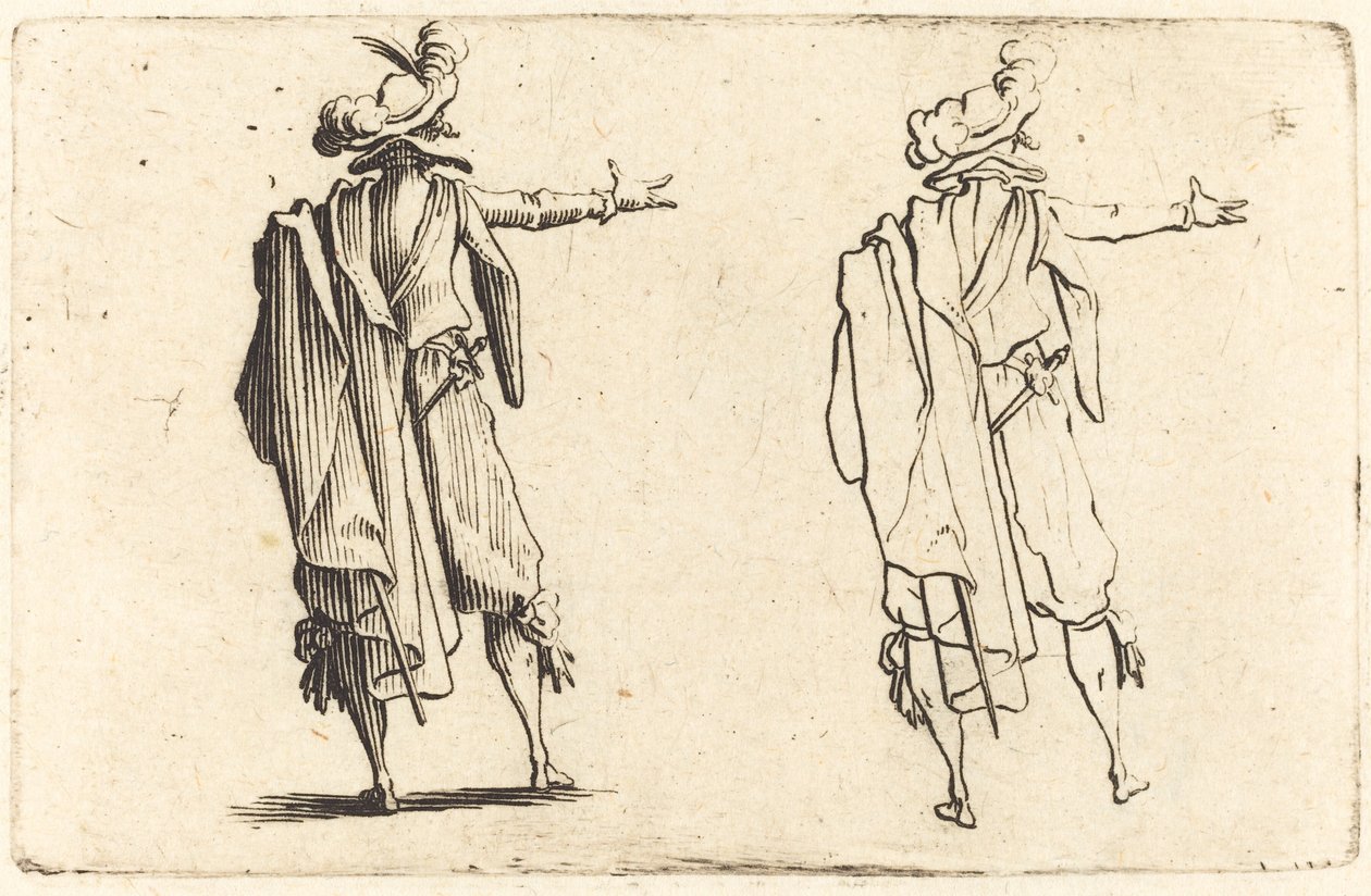 Mand set bagfra med sin højre arm udstrakt af Jacques Callot