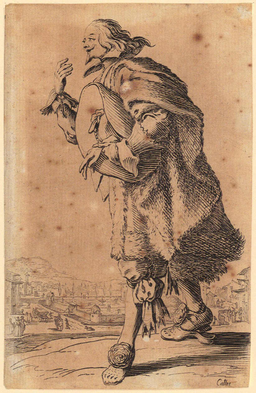 Mann streicht wie Geigenspieler über Grillrost, Blatt 19 der Folge "Die Zwerge" af Jacques Callot