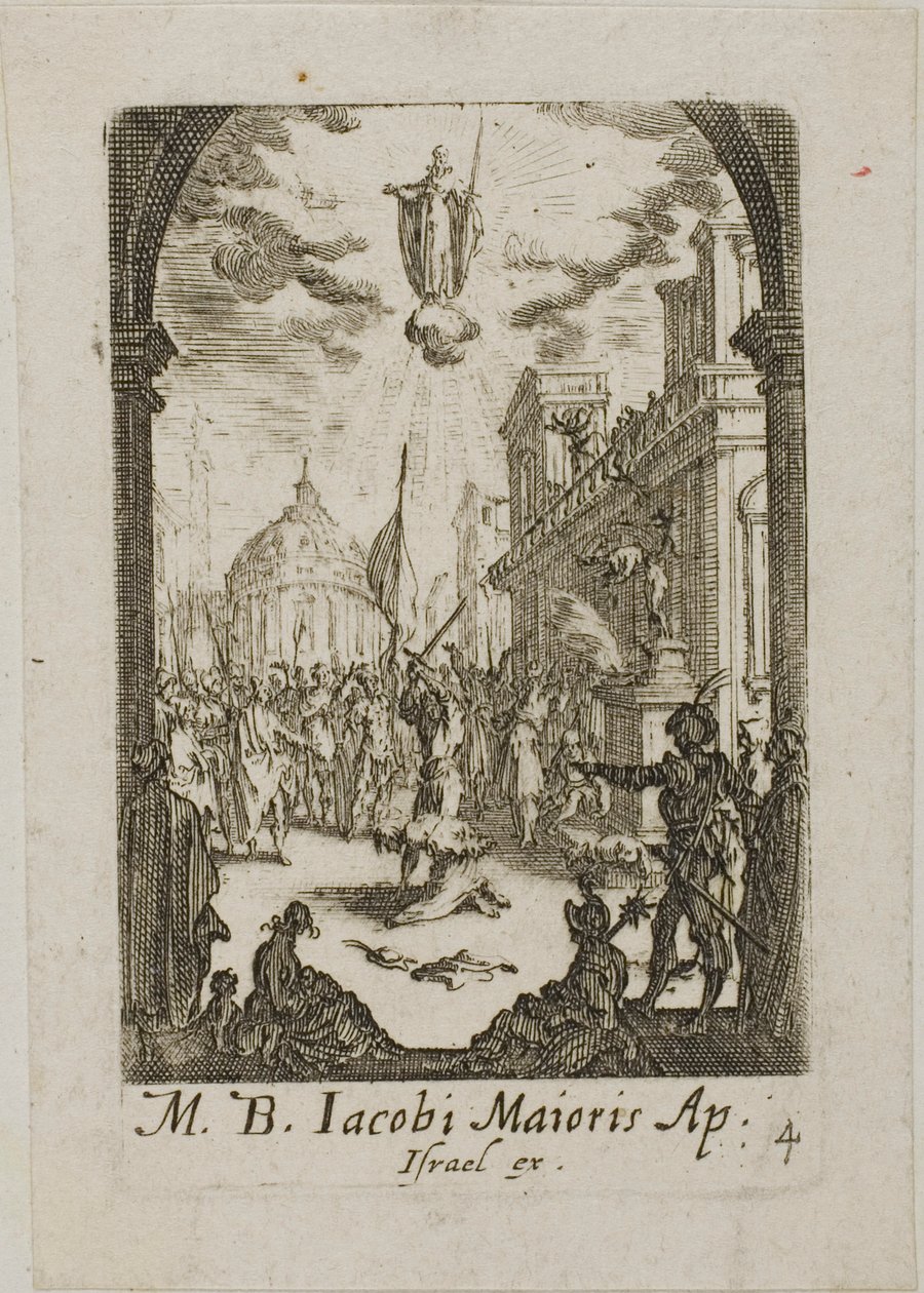 Sankt Jakob den Stores martyrium, planche fire fra Apostlenes martyrier af Jacques Callot
