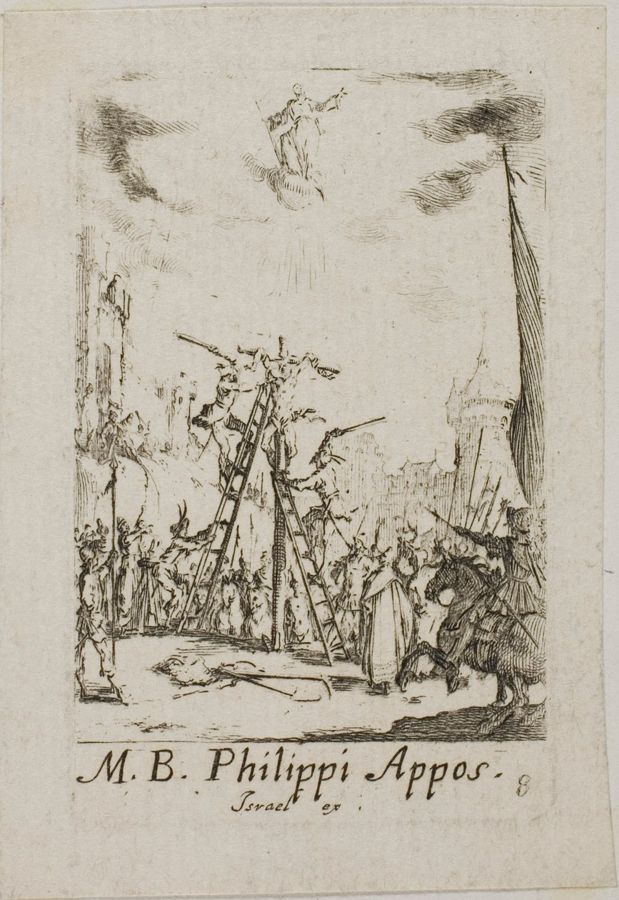 Sankt Phillips martyrium, planche otte fra Apostlenes martyrier af Jacques Callot
