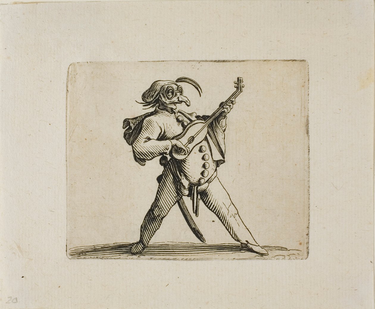 Maskeret komiker spiller guitar, fra Varie Figure Gobbi af Jacques Callot