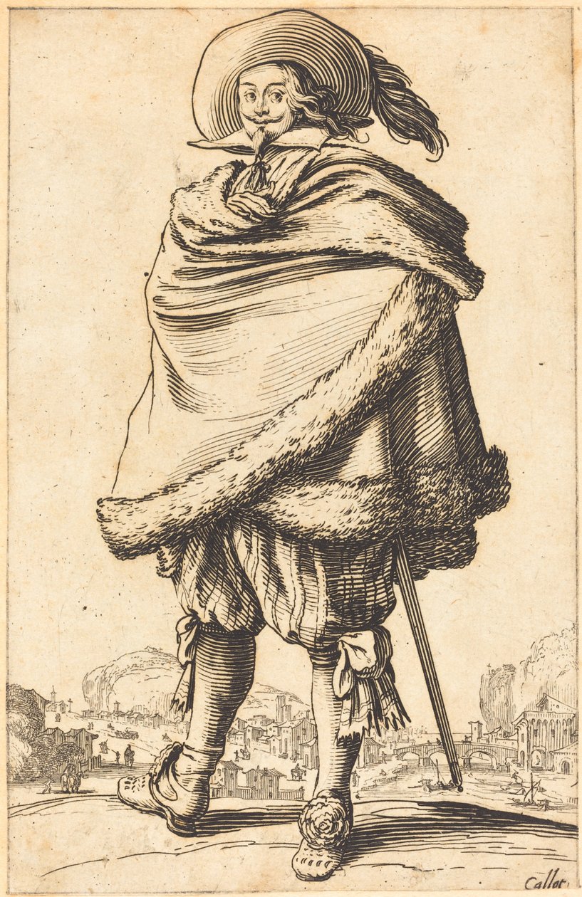 Ædel mand fastspændt i en kappe trimmet med pels af Jacques Callot