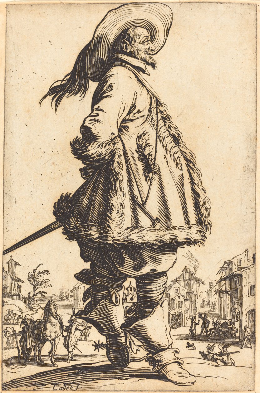 Ædel mand med kappe trimmet i pels, holder hænderne bag ryggen af Jacques Callot