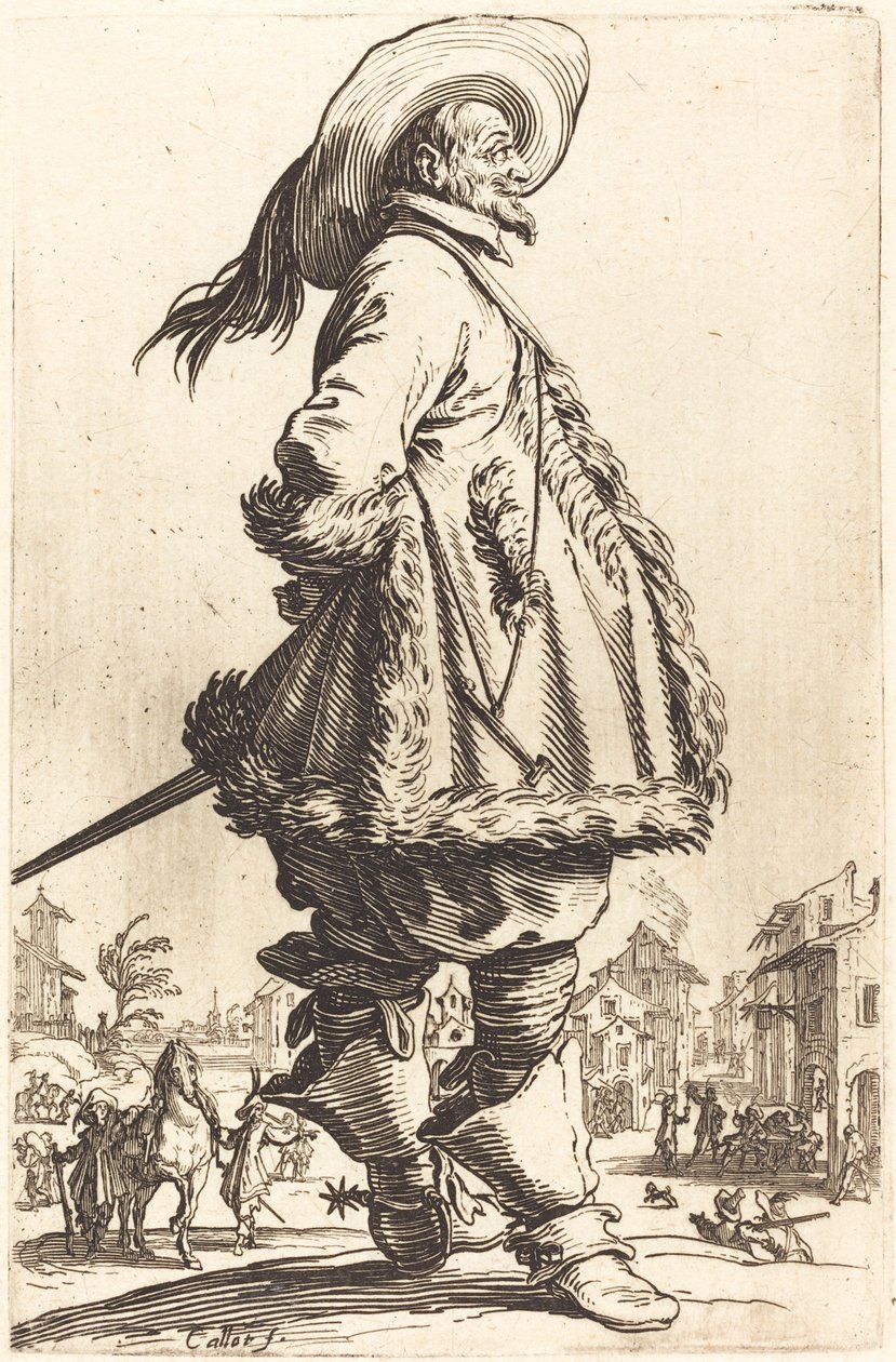 Ædel mand med kappe trimmet i pels, holder hænderne bag ryggen af Jacques Callot