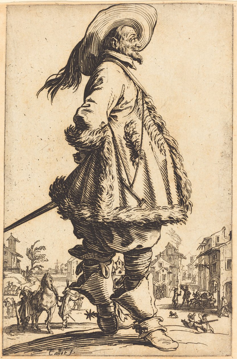 Adelsmand med pelsbesat kappe, med hænderne bag ryggen af Jacques Callot