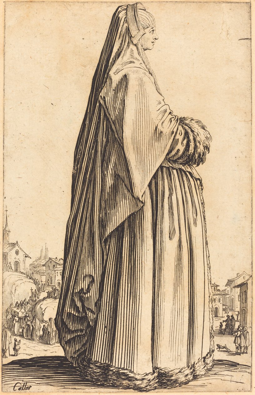 Ædel kvinde iført slør og kjole trimmet i pels af Jacques Callot