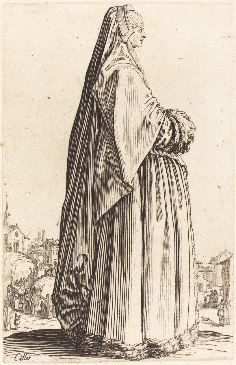 Ædel kvinde iført slør og kjole trimmet i pels af Jacques Callot