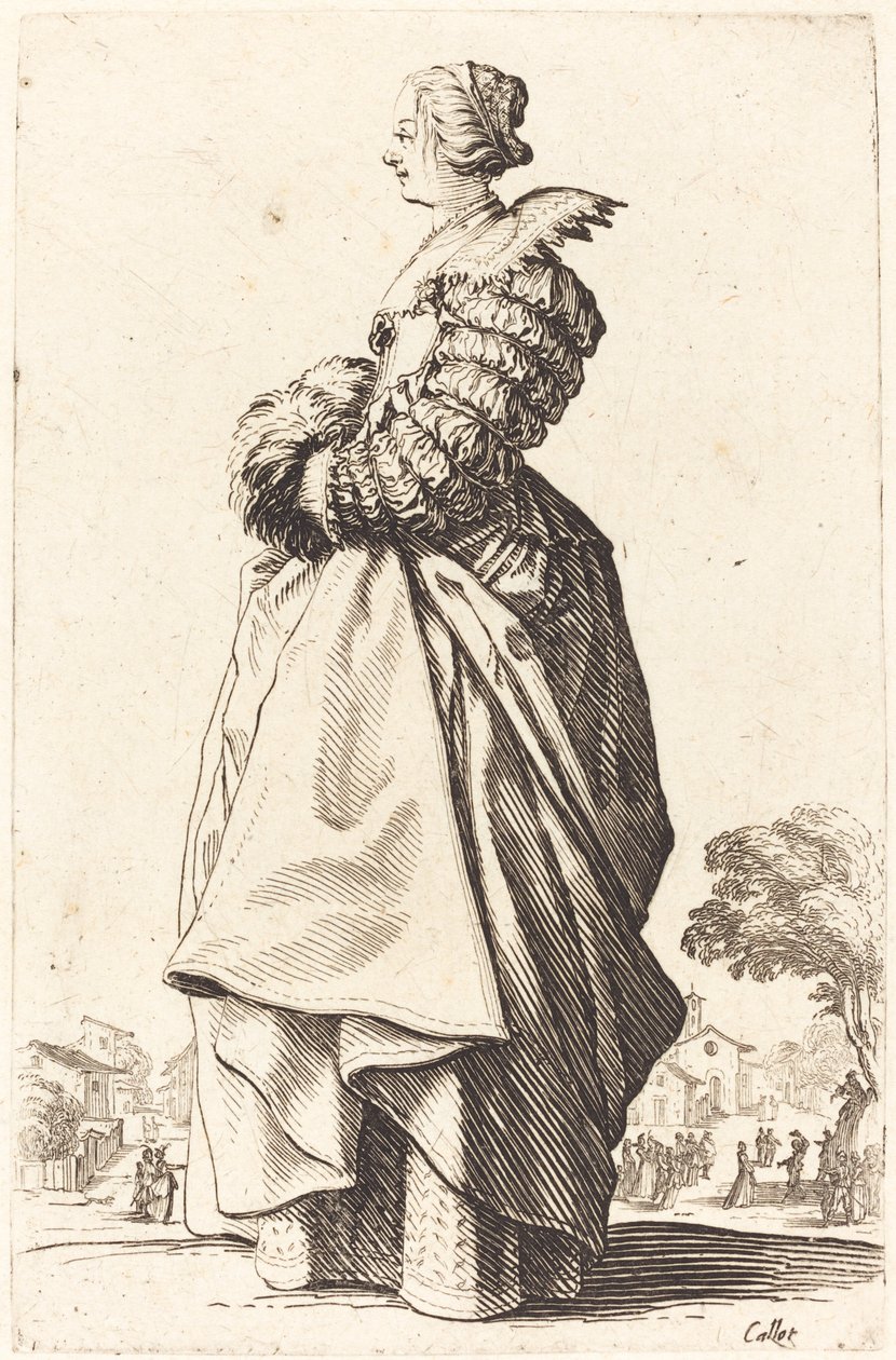 Ædel kvinde i profil med hænderne i en muffe af Jacques Callot