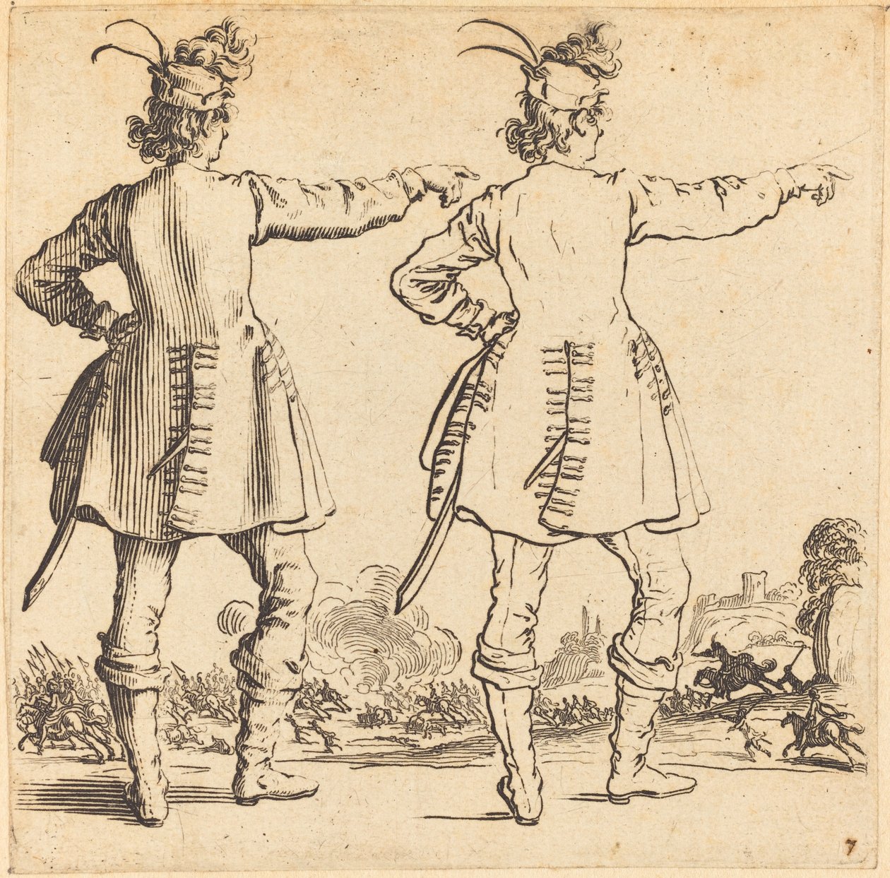 Officer med fjer i kasket, set bagfra, 1617 og 1621. af Jacques Callot
