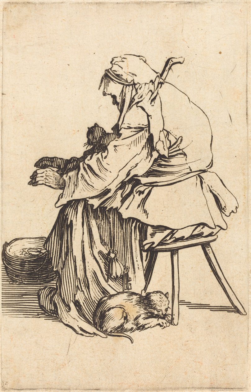 Gammel kvinde med katte af Jacques Callot
