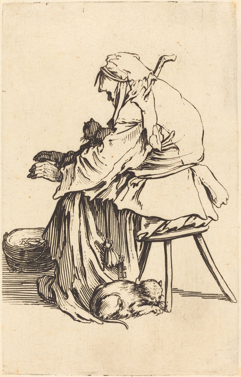 Gammel kvinde med katte af Jacques Callot
