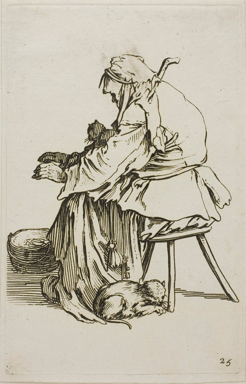 Gammel kvinde med katte, tallerken 25 fra The Beggars af Jacques Callot