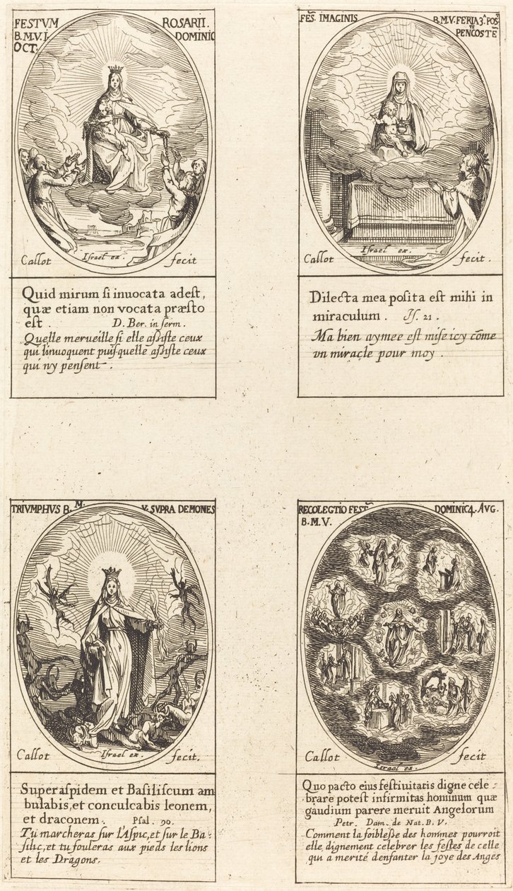 Vor Frue af Rosenkransen; Jomfru og barn optræder i en sky; Triumferende Jomfru; Reu af Jacques Callot
