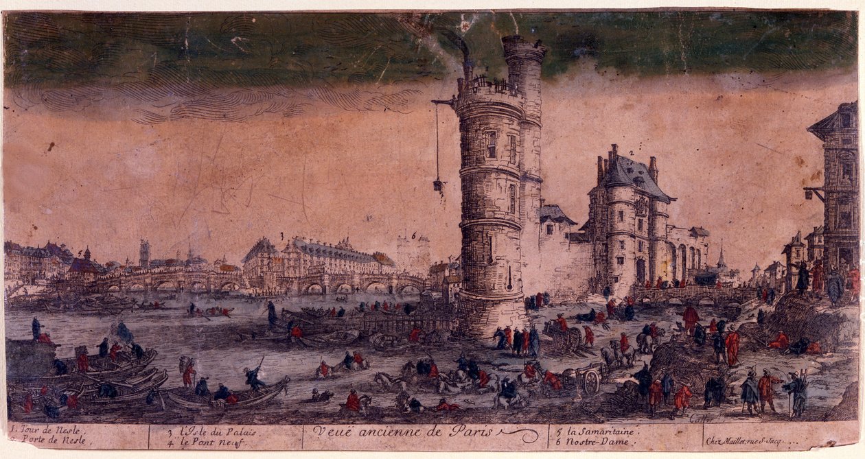 Paris, Ile de la Cite, Le Pont Neuf og Nesle-tårnet Gravering af Jacques Callot. . af Jacques Callot