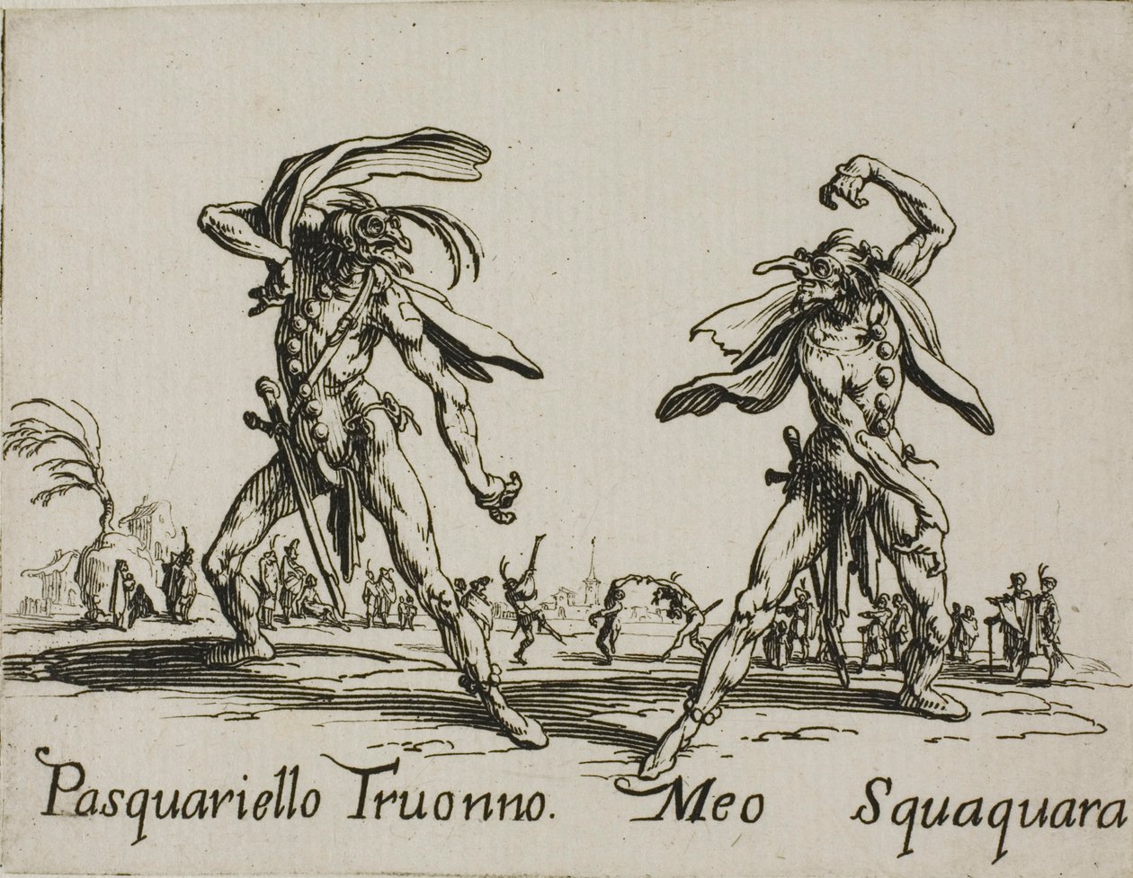 Pasquariello Truonno - Meo Squaquara, tallerken 20 fra Balli di Sfessania af Jacques Callot