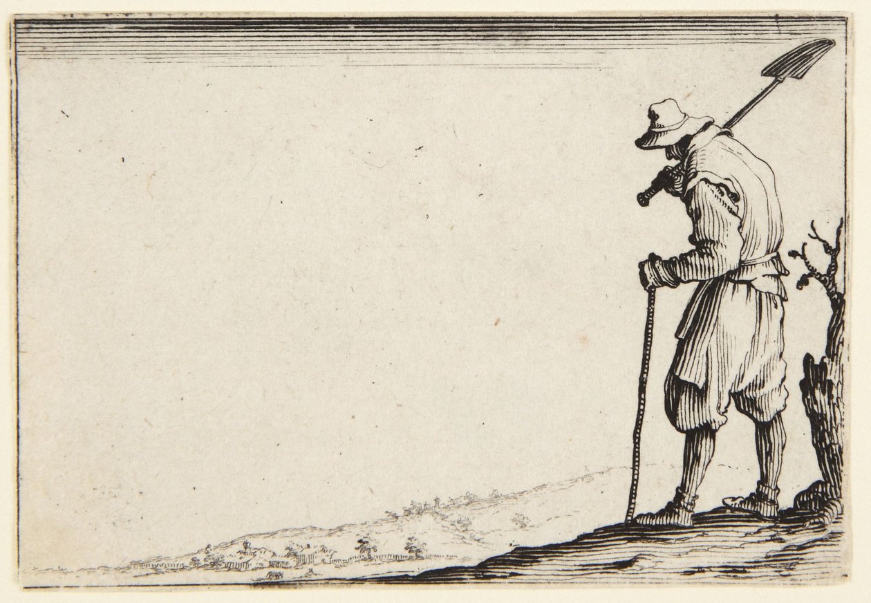 Bonde, der bærer en spade på skulderen af Jacques Callot