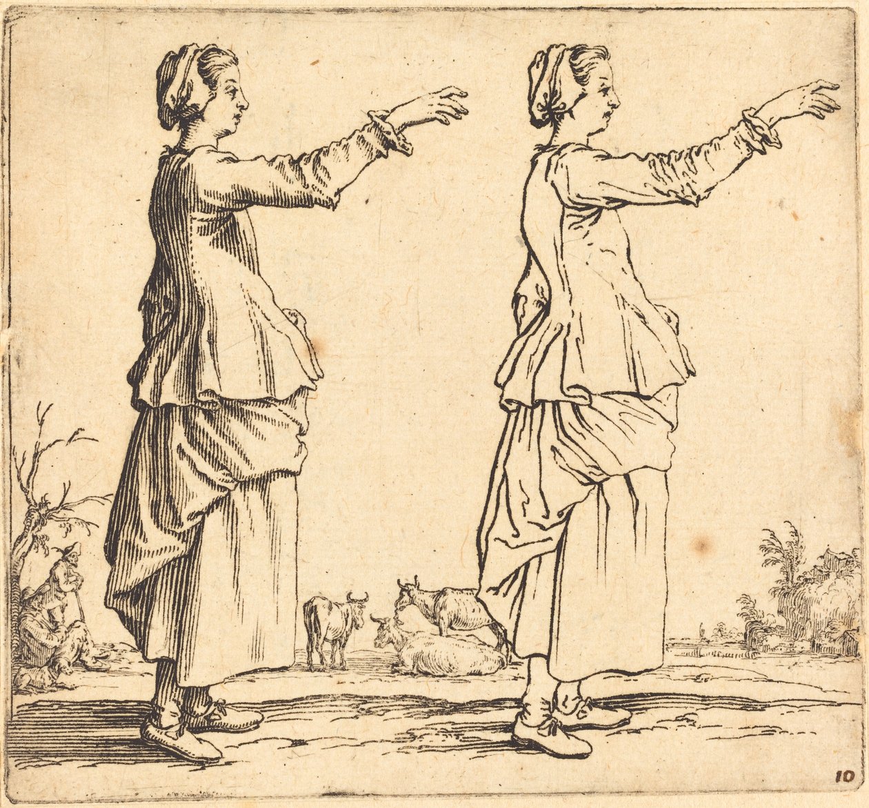 Bondekvinde, i profil, vendt mod højre, med strakt arm af Jacques Callot