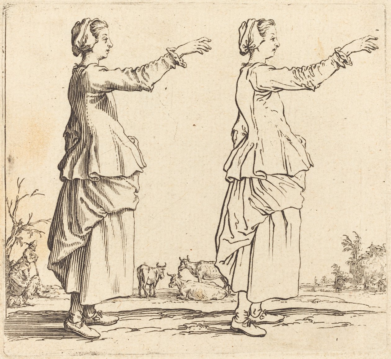 Bondekvinde, i profil, vendt mod højre, med strakt arm af Jacques Callot