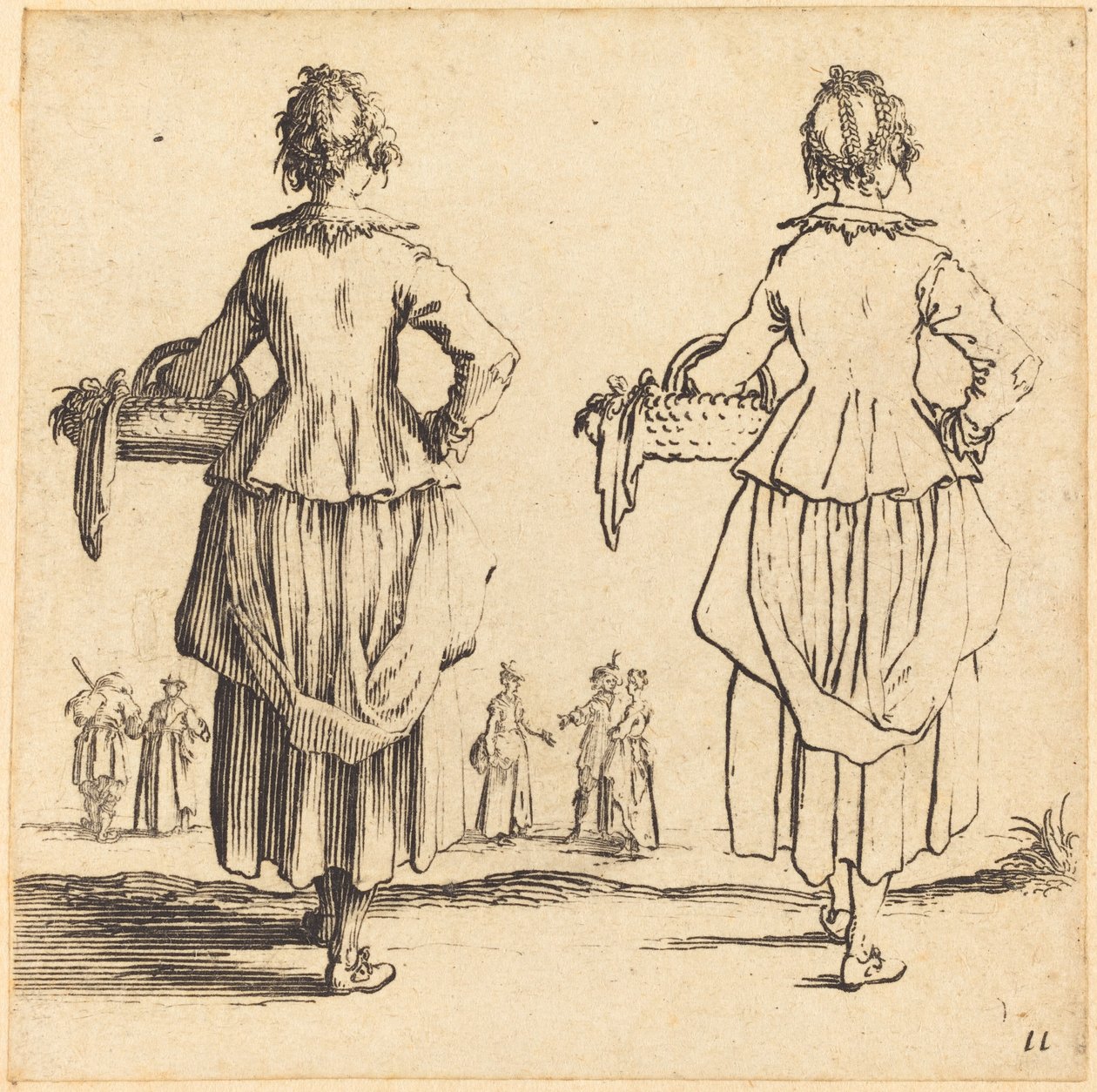 Bondekone med kurv, set bagfra af Jacques Callot