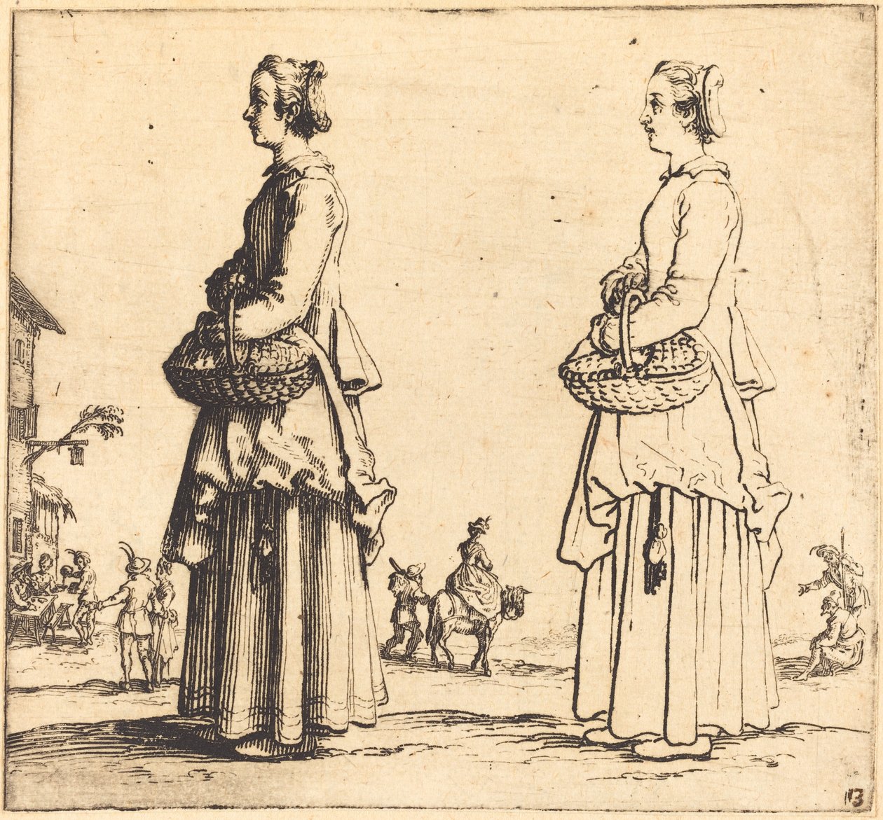 Bondekone med kurv, i profil, vendt mod venstre, 1617 og 1621. af Jacques Callot