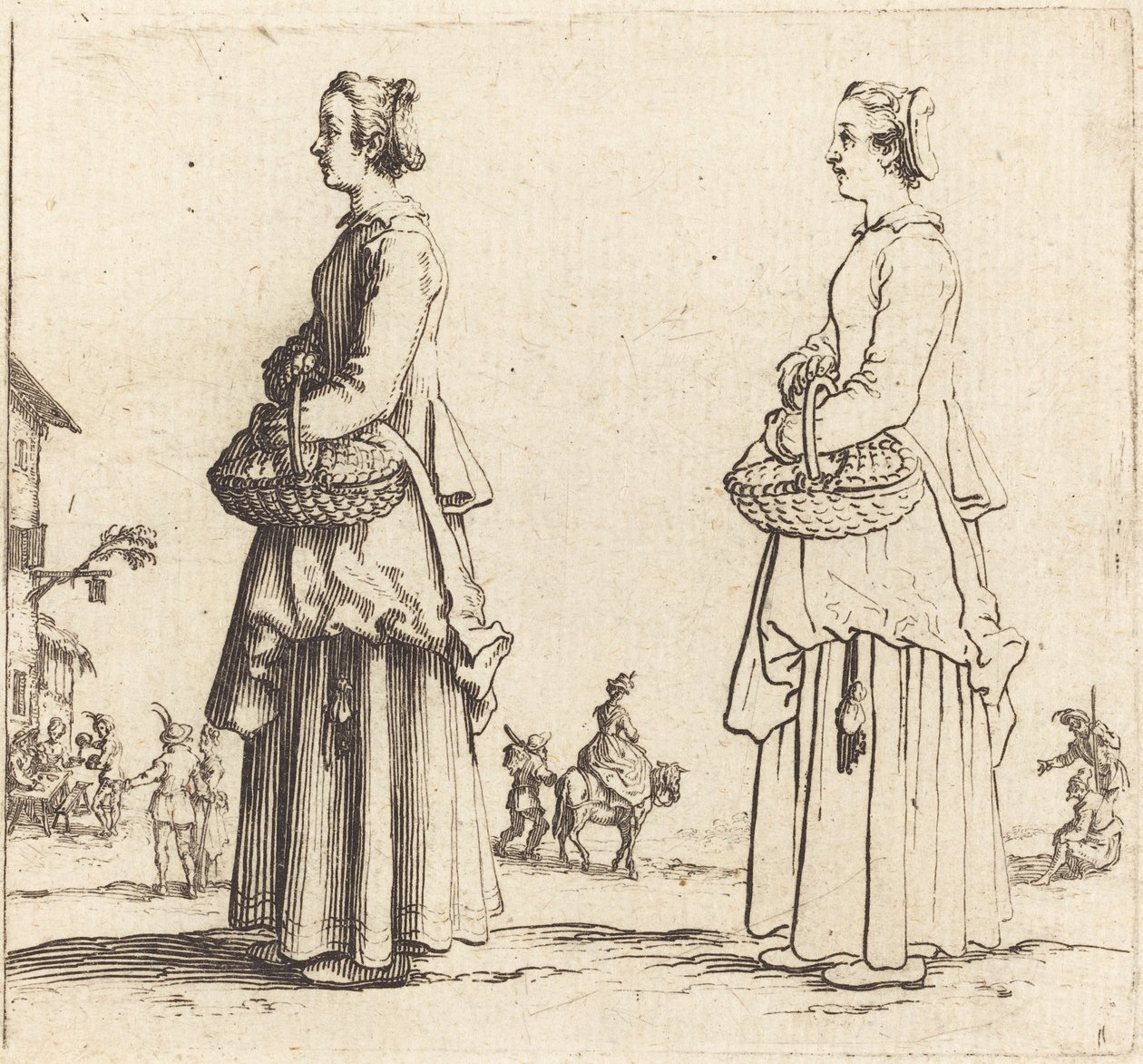 Bondekone med kurv, i profil, vendt mod venstre, 1617 og 1621. af Jacques Callot