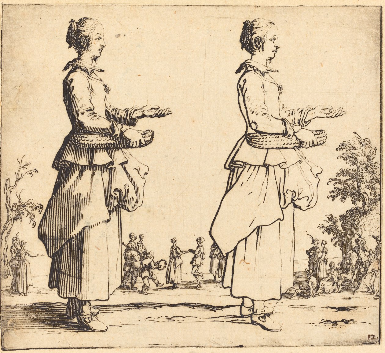 Bondekone med kurv, i profil, vendt mod højre, 1617 og 1621. af Jacques Callot