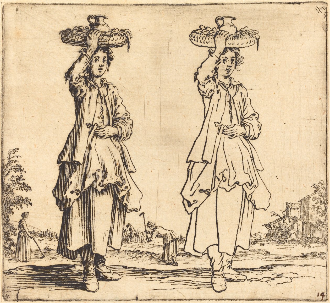 Bondekvinde med kurv på hovedet set forfra af Jacques Callot
