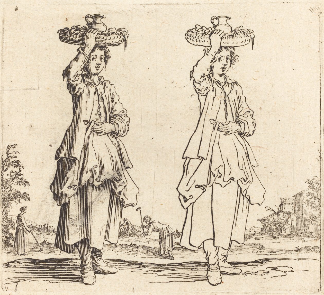 Bondekvinde med kurv på hovedet, set forfra, 1617 og 1621. af Jacques Callot