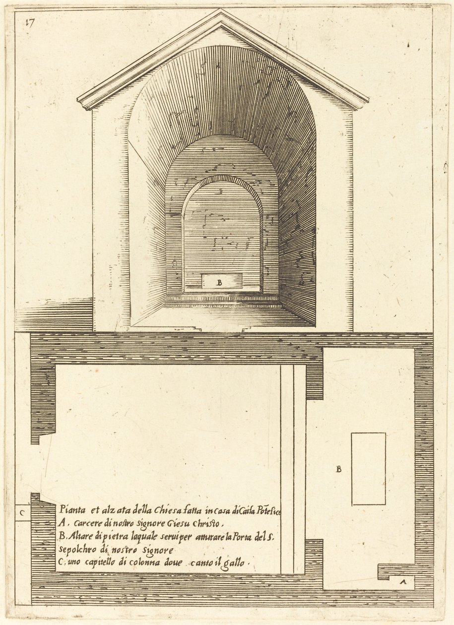 Plan og elevation af kirken nær Kajfas-huset af Jacques Callot