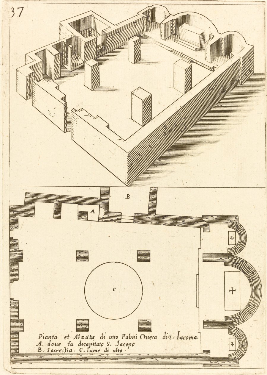 Plan og elevation af kirken S. Iacoma af Jacques Callot