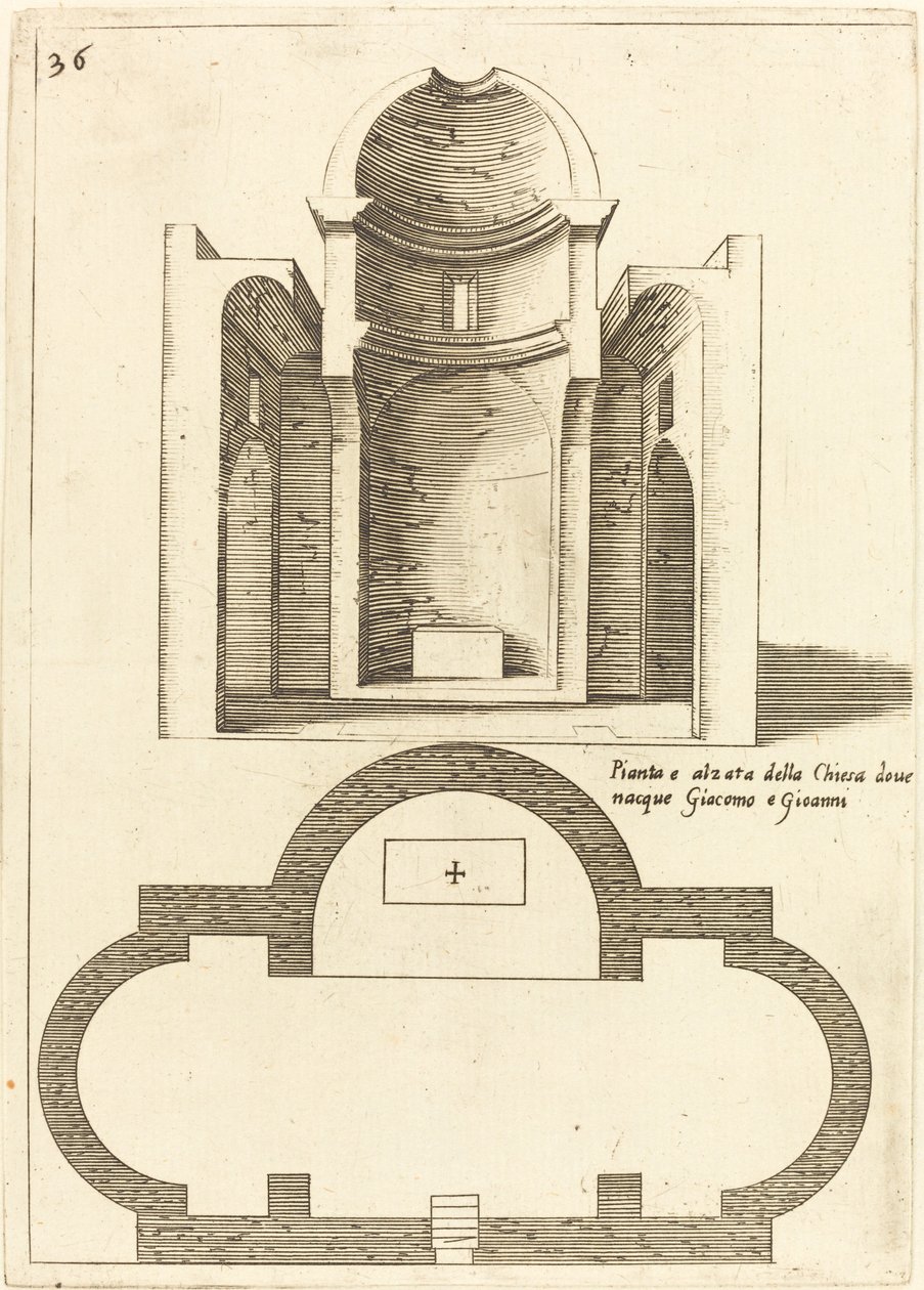 Plan og højde af kirken af de hellige Jakob og Johannes af Jacques Callot
