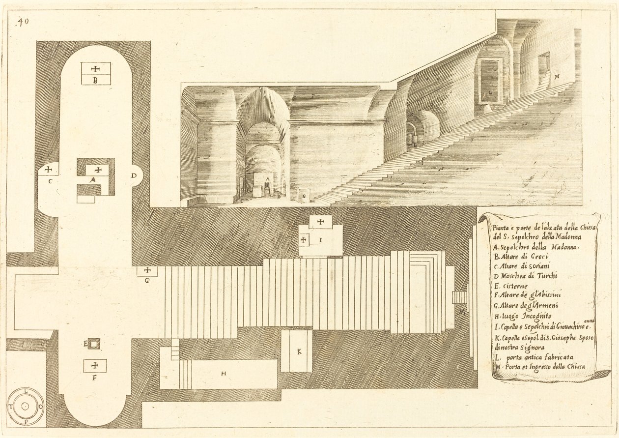 Plan og del af forhøjningen af Madonnaens Hellige Gravs Kirke af Jacques Callot