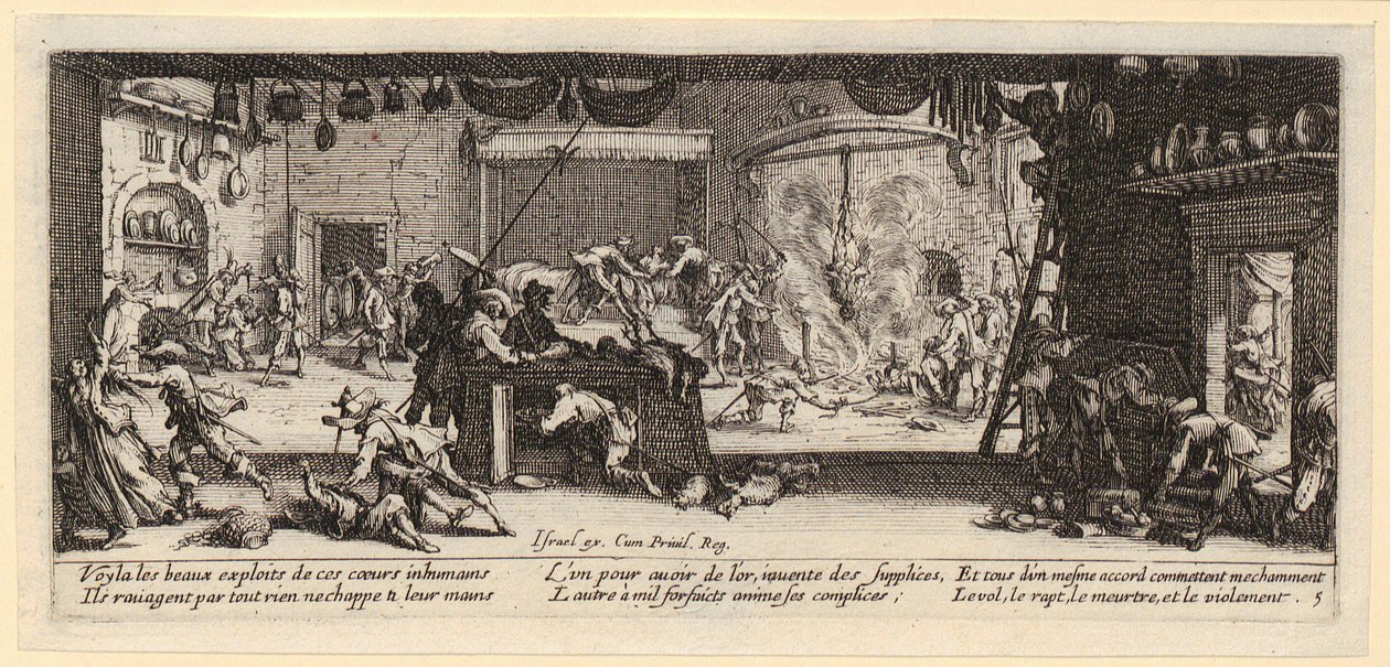 Plundring af en gård, side 5 i afsnittet »Krigens rædsler« af Jacques Callot