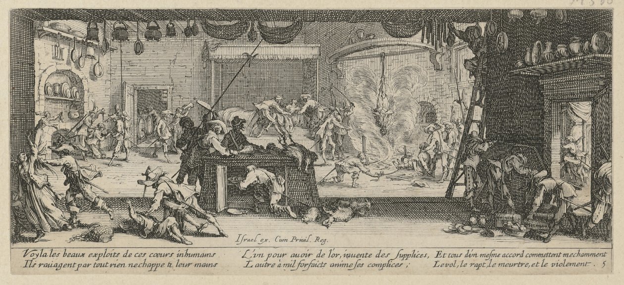 Plyndring af en gård, side 5 i serien »Krigens rædsler« af Jacques Callot