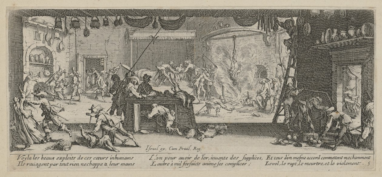 Plyndring af en gård, side 5 i serien »Krigens rædsler« af Jacques Callot