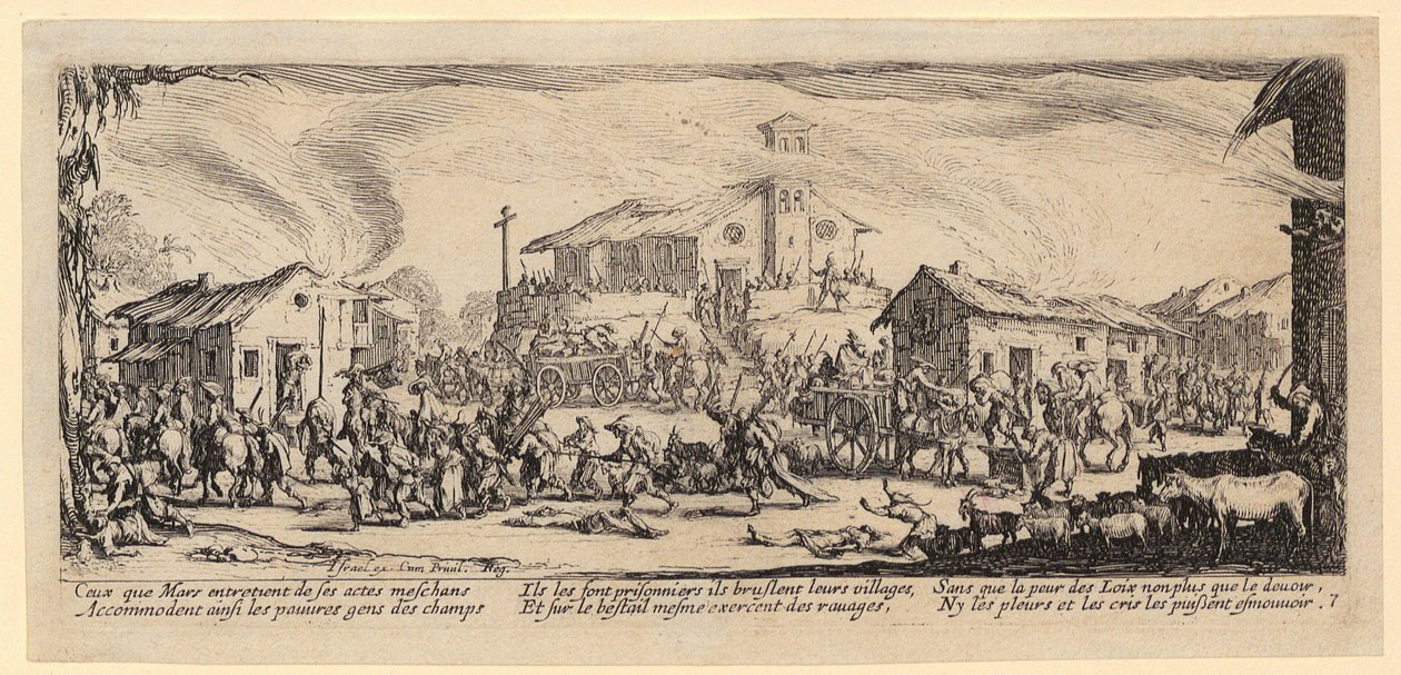Plyndringen og afbrændingen af en landsby, blad 7 fra serien „Krigens rædsler“ af Jacques Callot