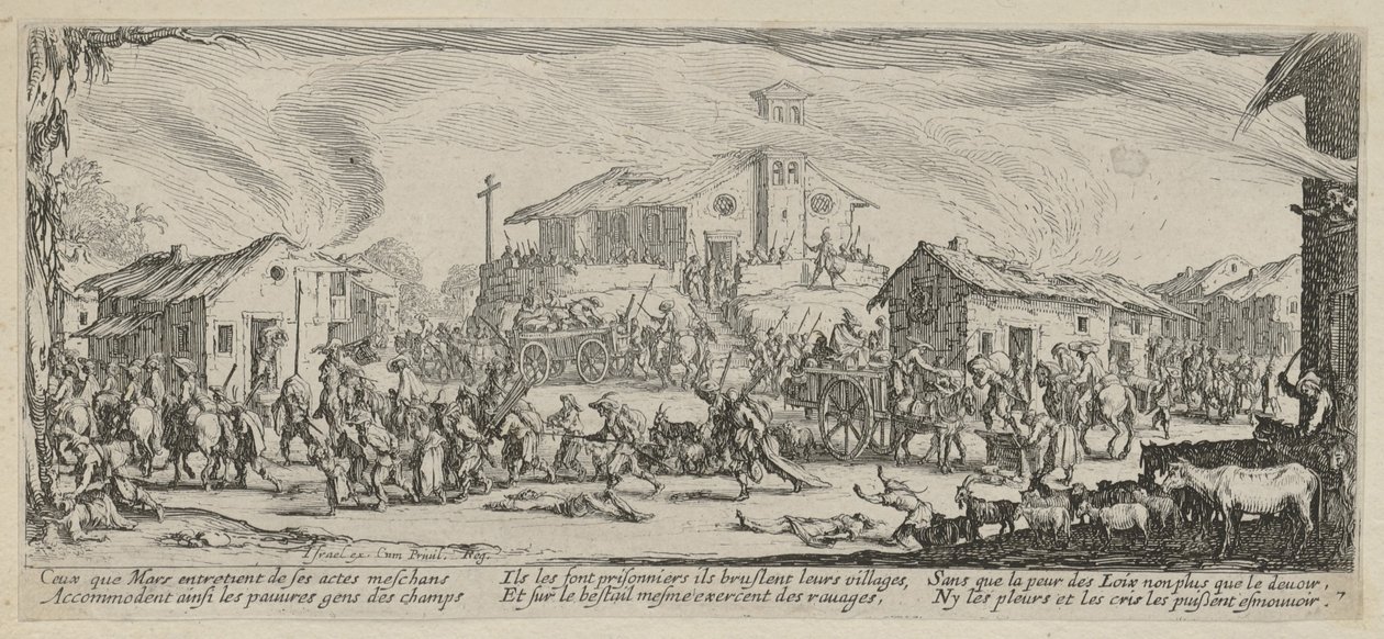 Plundring og nedbrænding af en landsby, side 7 i serien »Krigens rædsler« af Jacques Callot