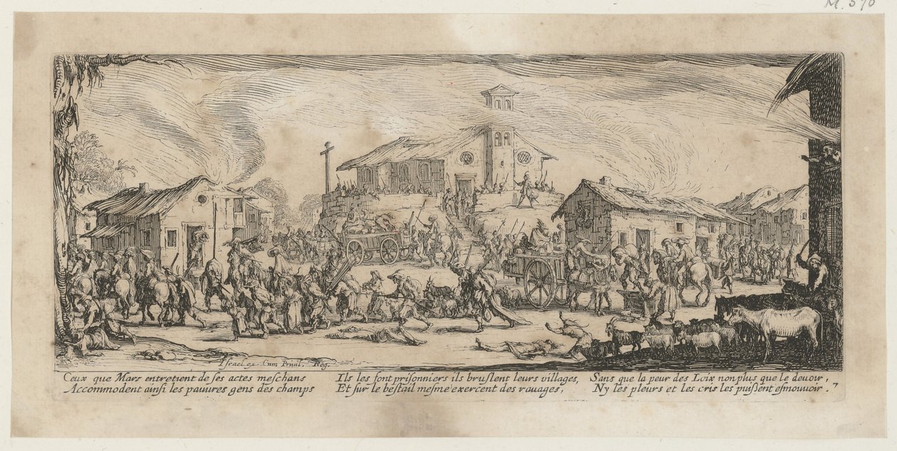 Plyndring og afbrænding af en landsby, blad 7 i serien „Krigens rædsler“ af Jacques Callot