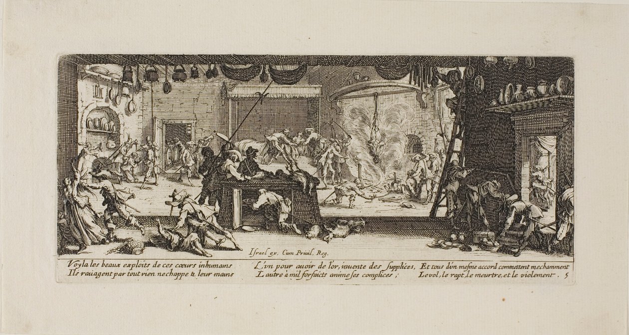 Plyndring af en stor bondegård, planche fem fra Krigens elendighed af Jacques Callot