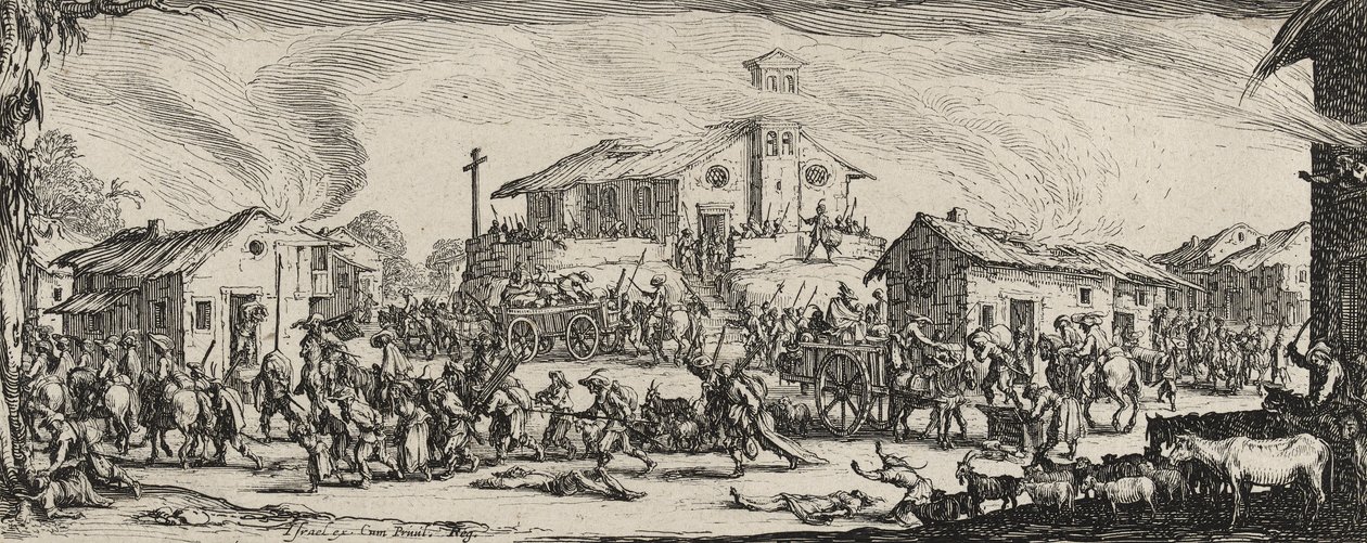 Plyndring og afbrænding af en landsby, 1633 (radering på bindet papir) af Jacques Callot