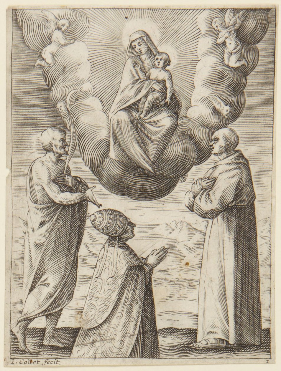 Pave Bonifatius 8. med Sankt Frans og Sankt Crispin, der tilbeder Jomfruen og Jesusbarnet af Jacques Callot