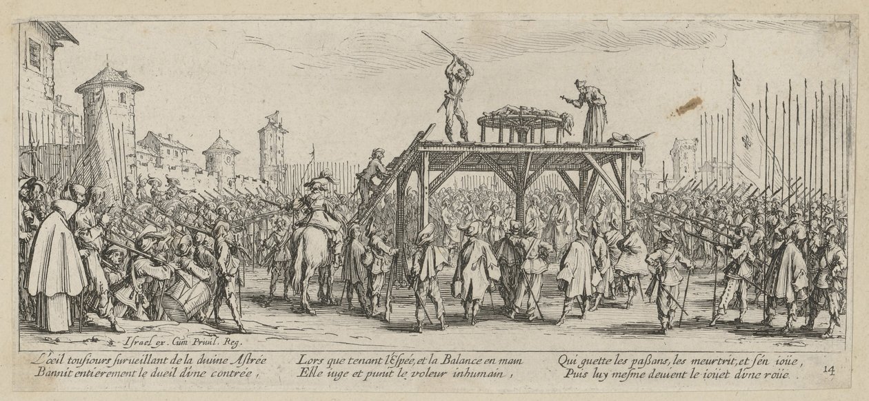 Hjul, side 14 i serien »Krigens rædsler« af Jacques Callot